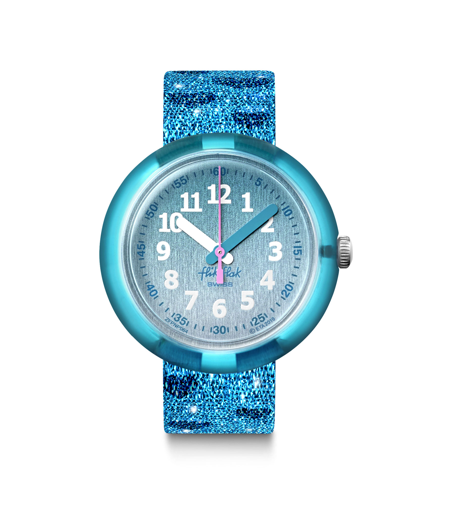 ZFPNP064_fa500_nvz Flik Flak Uhr Kinderuhr Turquoise Sparkle - Aqua Glitzer mit Herzen