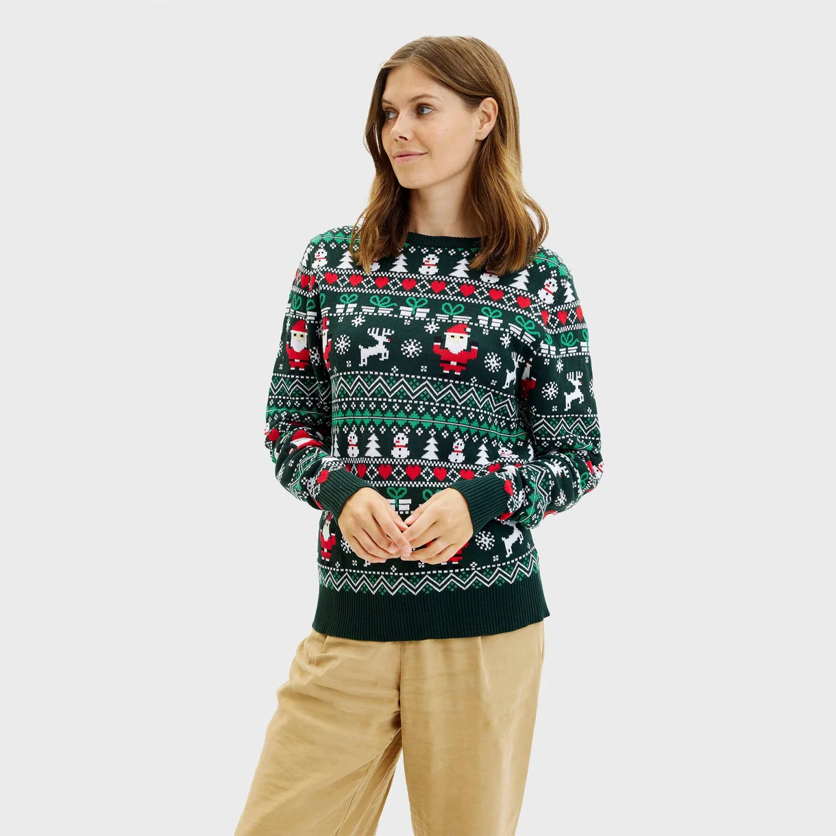 Christmas Sweater mit Santa Weihnachtspullover für Damen & Herren in Grün- Bio Baumwolle