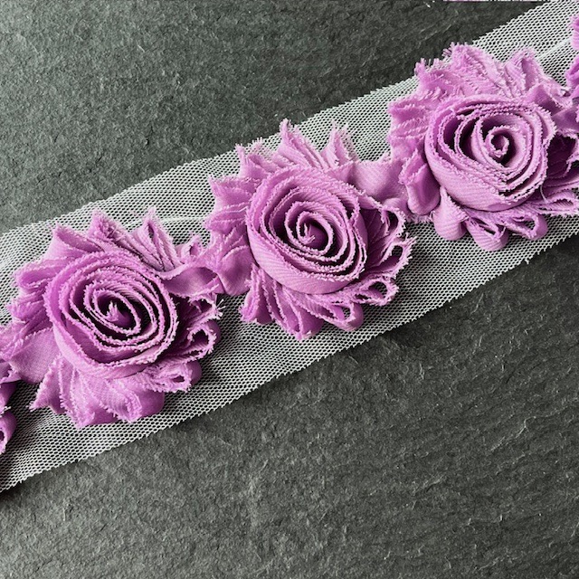 Wowzers Shabby Chic Stoffblume Blüte am Band - Dusty Lila - 3 Blumen