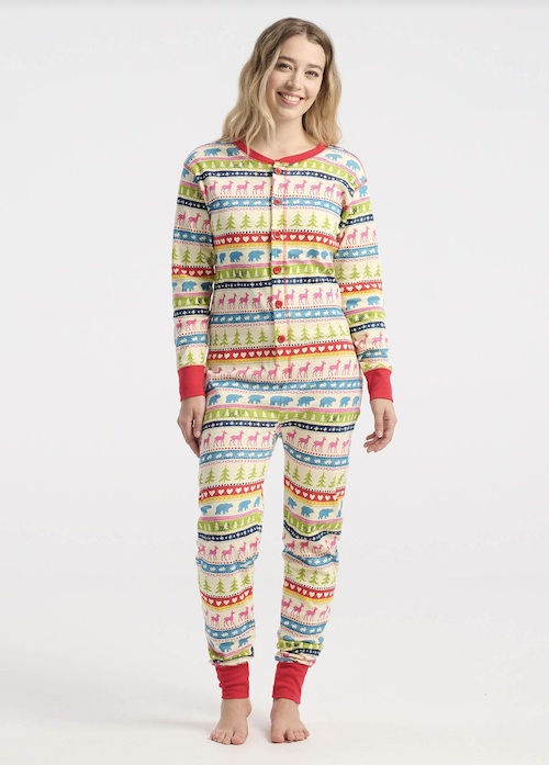 Little Blue House Damen Union Suit - Cream Fair Isle - Norweger Onesie Bear Bum Pink