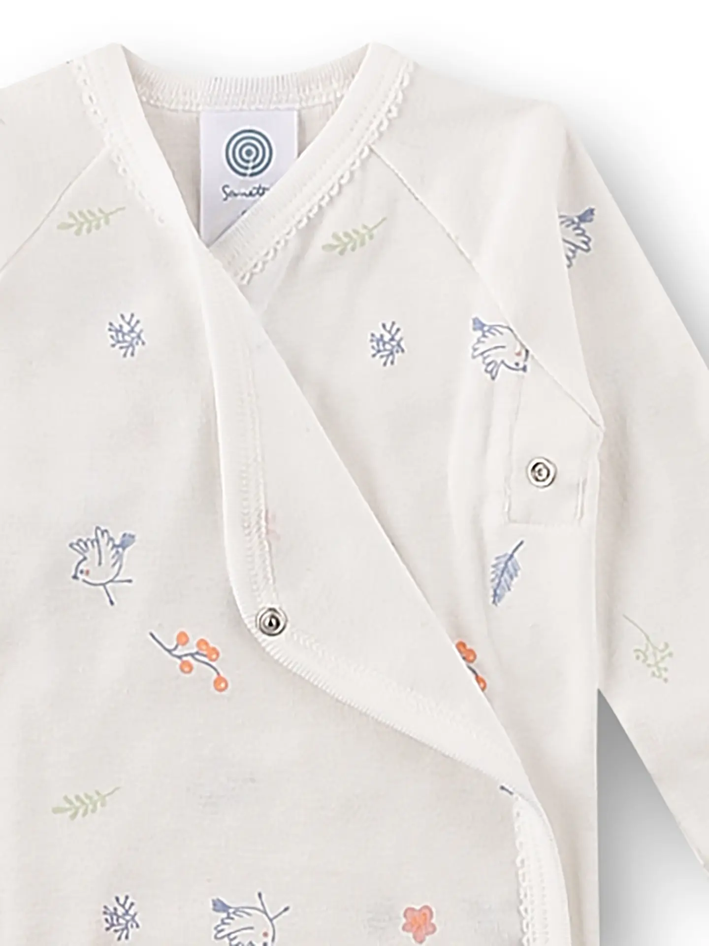 Sanetta Wickelbody Langarm in Creme Weiß mit Vogel Allover + Kratzenschutz