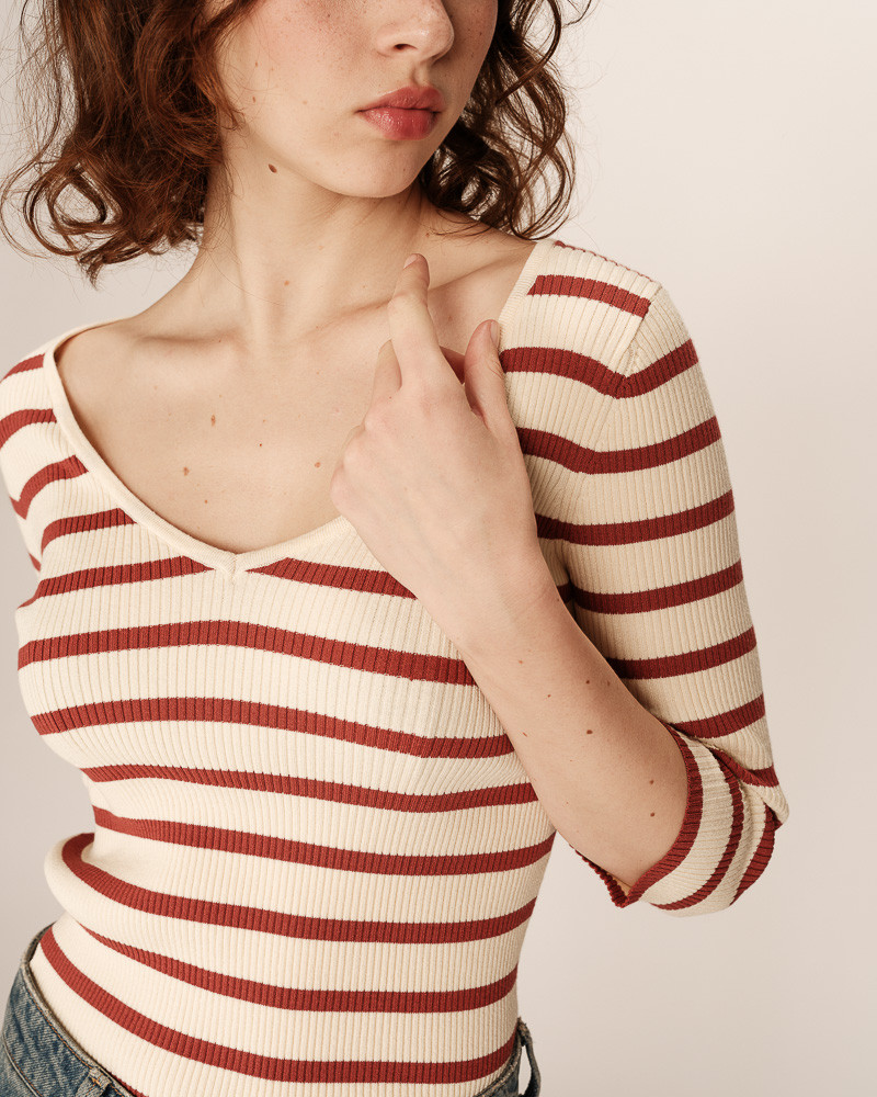 Grace & Mila Langarm Shirt PAIGE V-Ausschnitt mit 3/4-Ärmeln - Terracotta gestreift - SALE