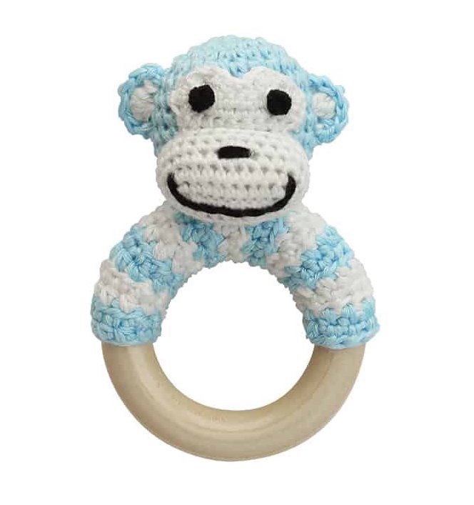 SINDIBABA-HAKEL-RASSELRING-AFFE-BLAU Sindibaba Bambus Häkel-Rasselring Affe Charlie in Blau