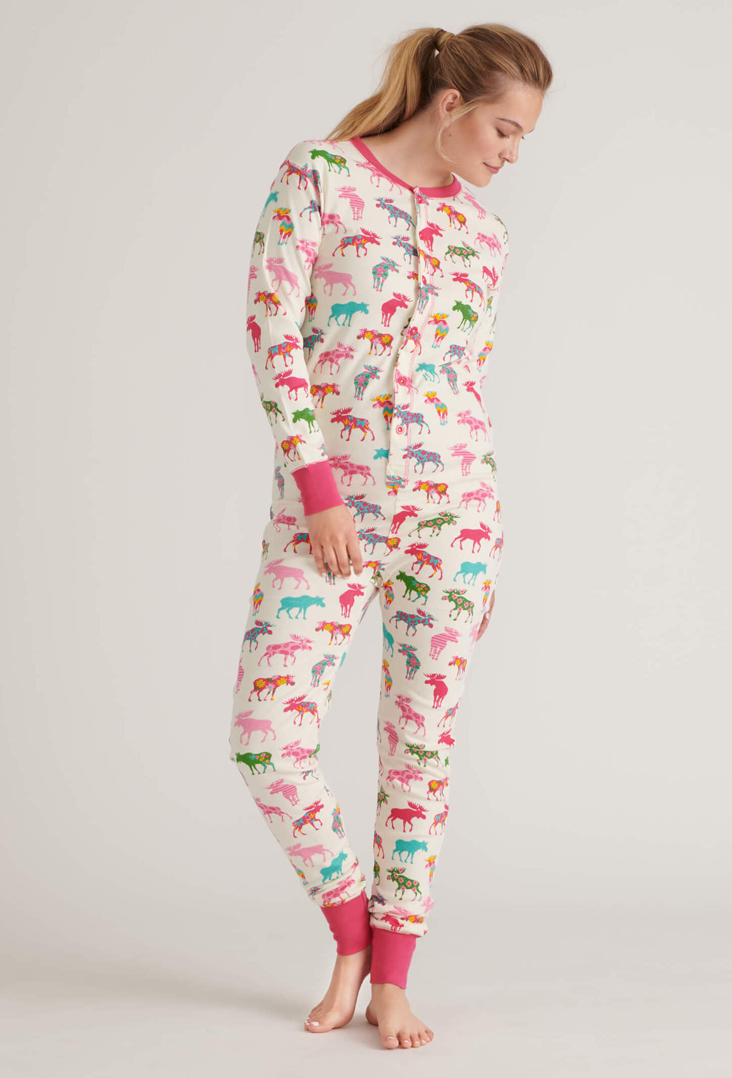 US2WIMO002_A Little Blue House Adult Union Suit - Unisex - Patterned Moose - Bunte Elche