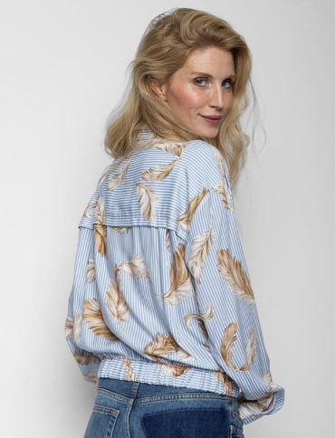 Emily van den Bergh Langarm Viskose Bluse mit Klassischen Streifen und Goldenen Feder