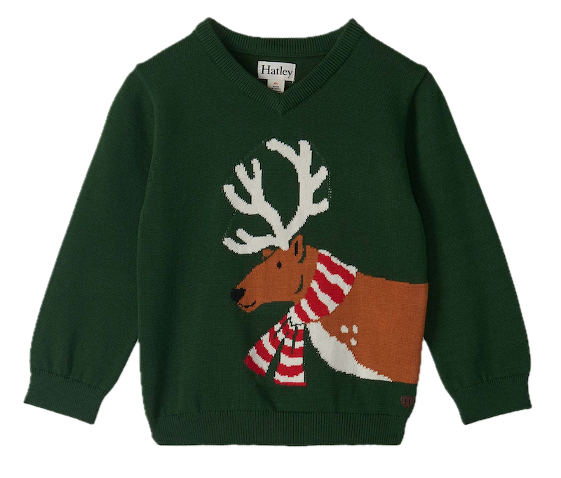 Hatley Baby Jungen Pullover mit Rentier in Waldgrün – V-Ausschnitt aus 100 % Baumwolle