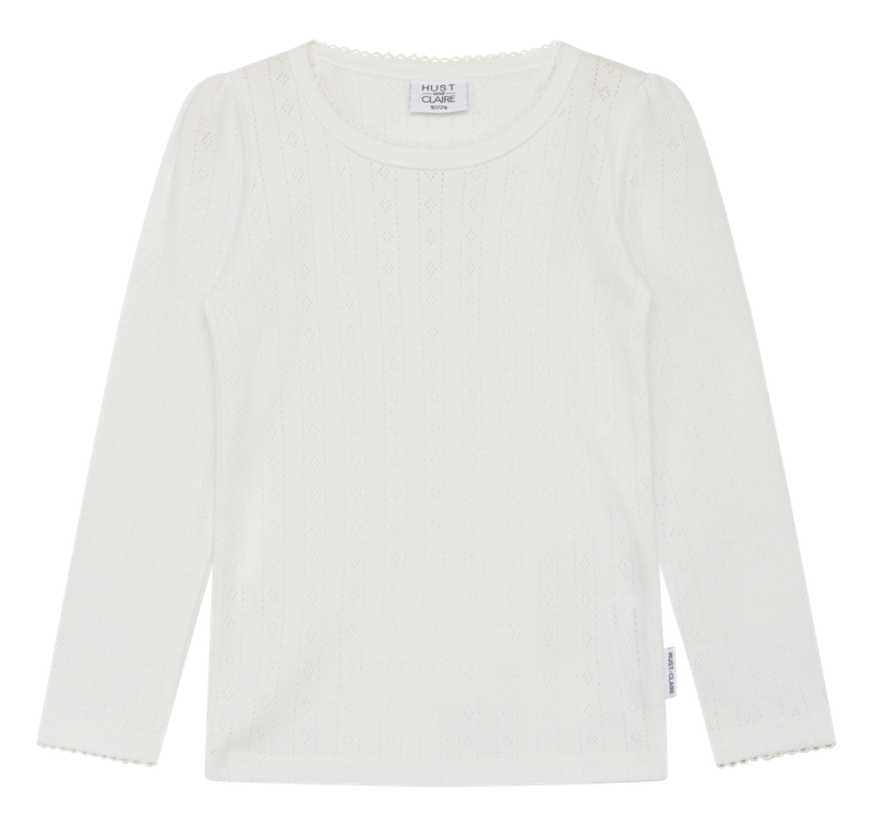 Hust & Claire Andreia Langarm Shirt mit Pointelle Lochmuster in Ivory Weiß
