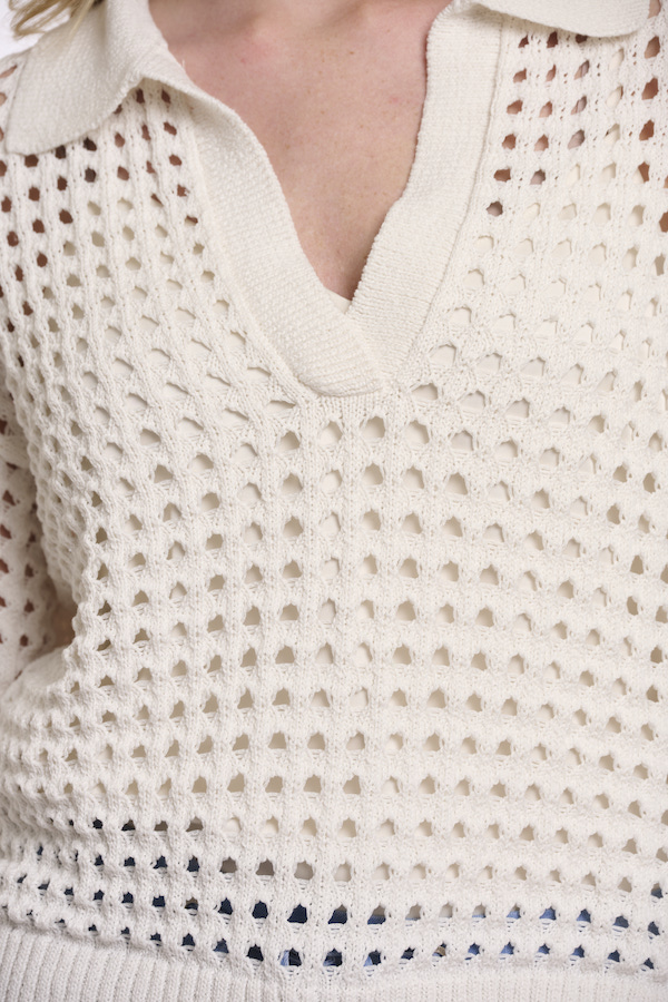 Rino & Pelle Odeth Lochstrick-Pullover in grobem Ajourstrick mit Polokragen - Snow white/Weiß