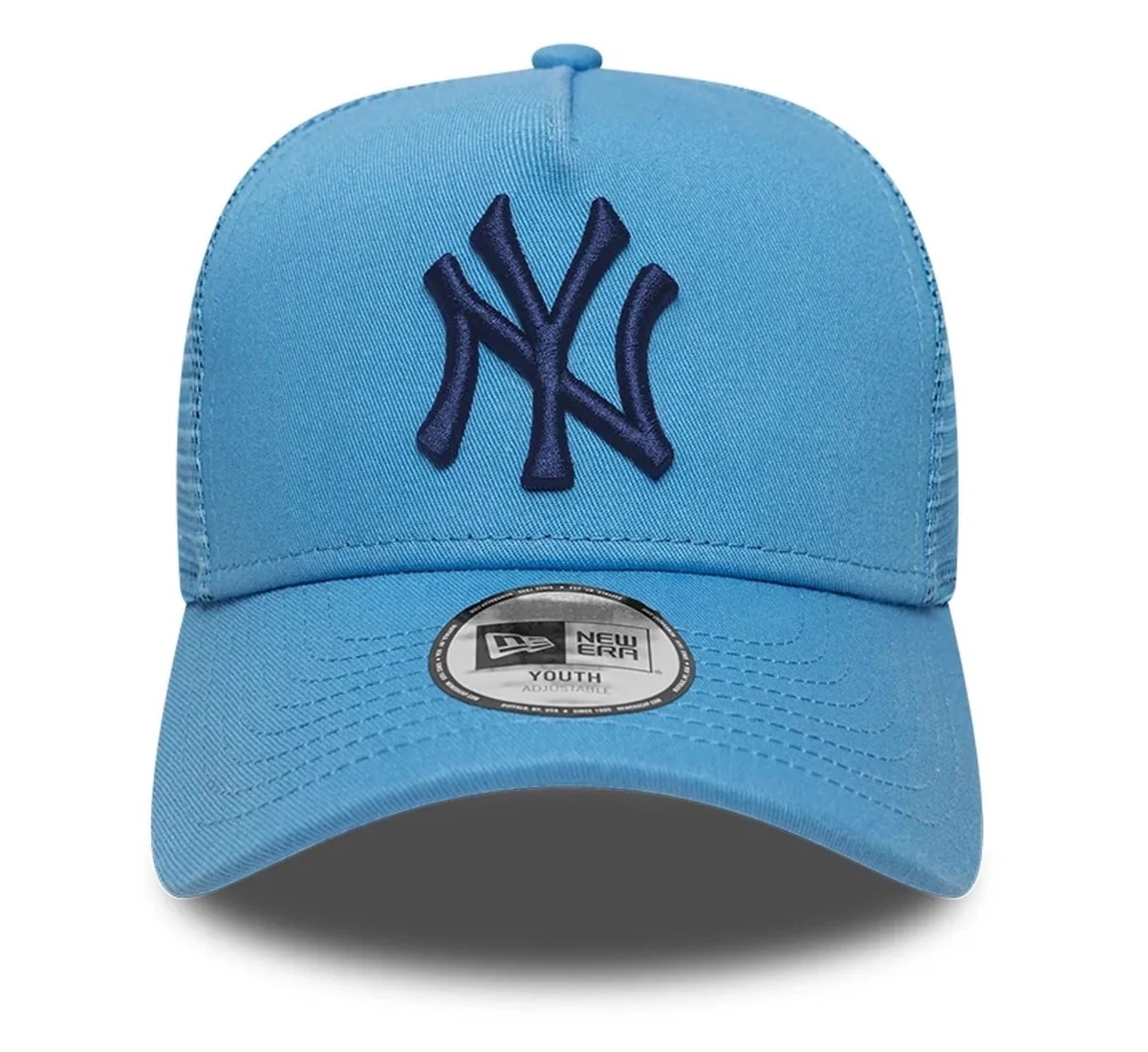 New Era Cap Pastellblaue MLB League Essential New York Yankees 9FORTY A-Frame Trucker Cap - Blau mit Navy Logo New Era Cap Pastellblaue MLB League Essential New York Yankees 9FORTY A-Frame Trucker Cap - Blau mit Navy Logo