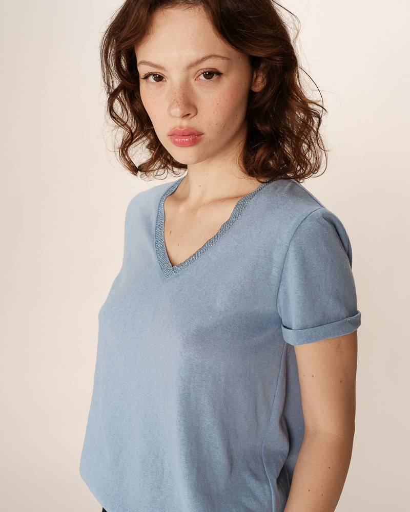 Grace & Mila Pepito V-Auschnitt Kurzarm T-Shirt Top in Puderblau