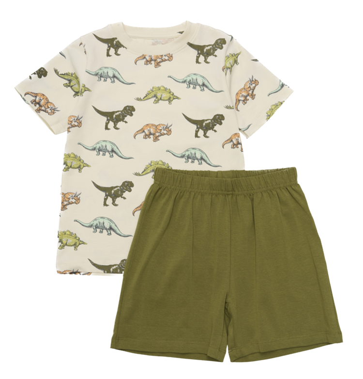 133541_1606_A Minymo kurzer Dinosaurier Schlafanzug in Creme/Olivgrün