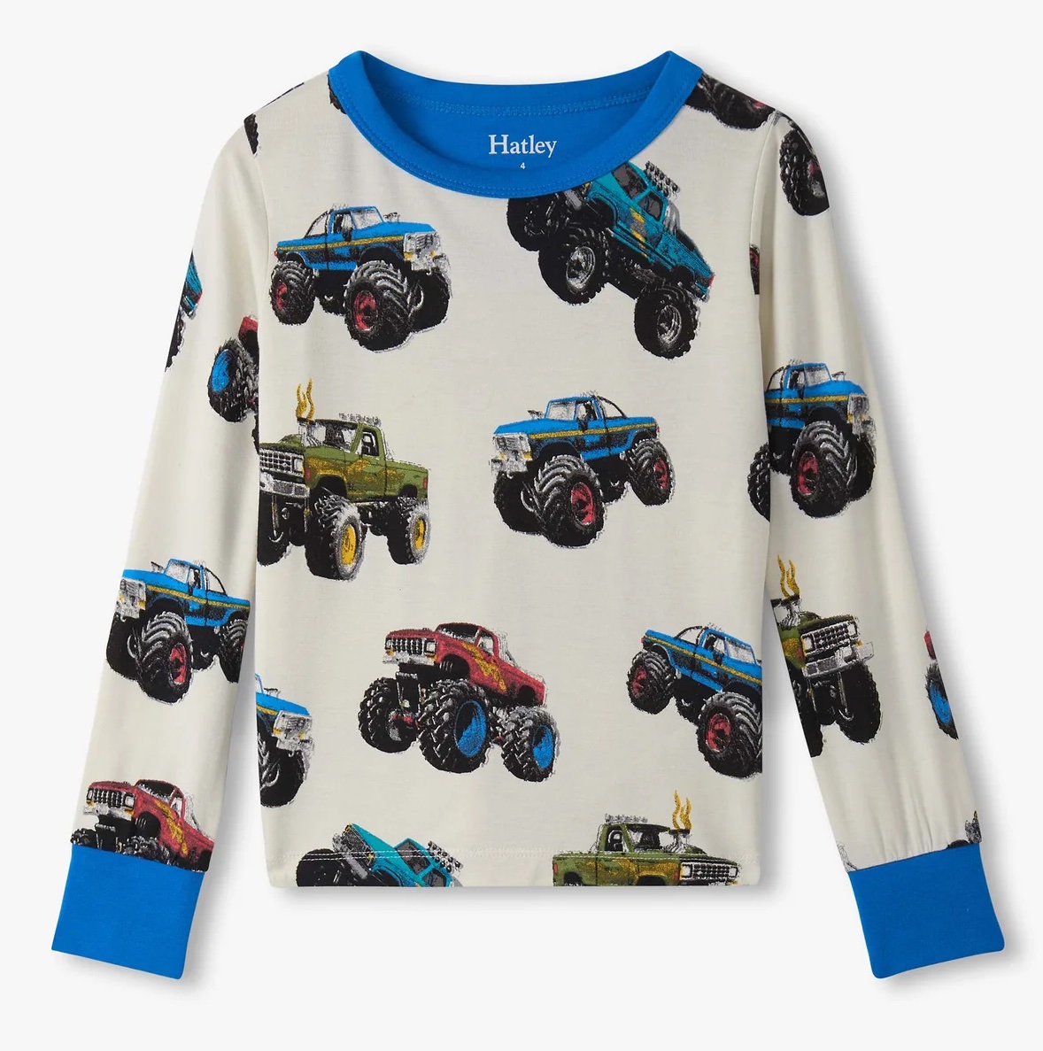 Hatley Langarm Bambus Pyjama in Creme & Blau - Monster Trucks