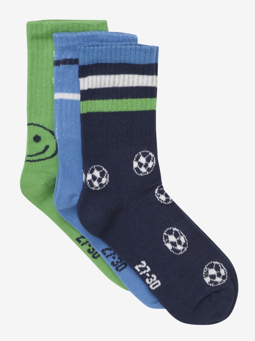 Minymo 3er Pack Socken in Grün und Blau mit Fußbälle & Smileys