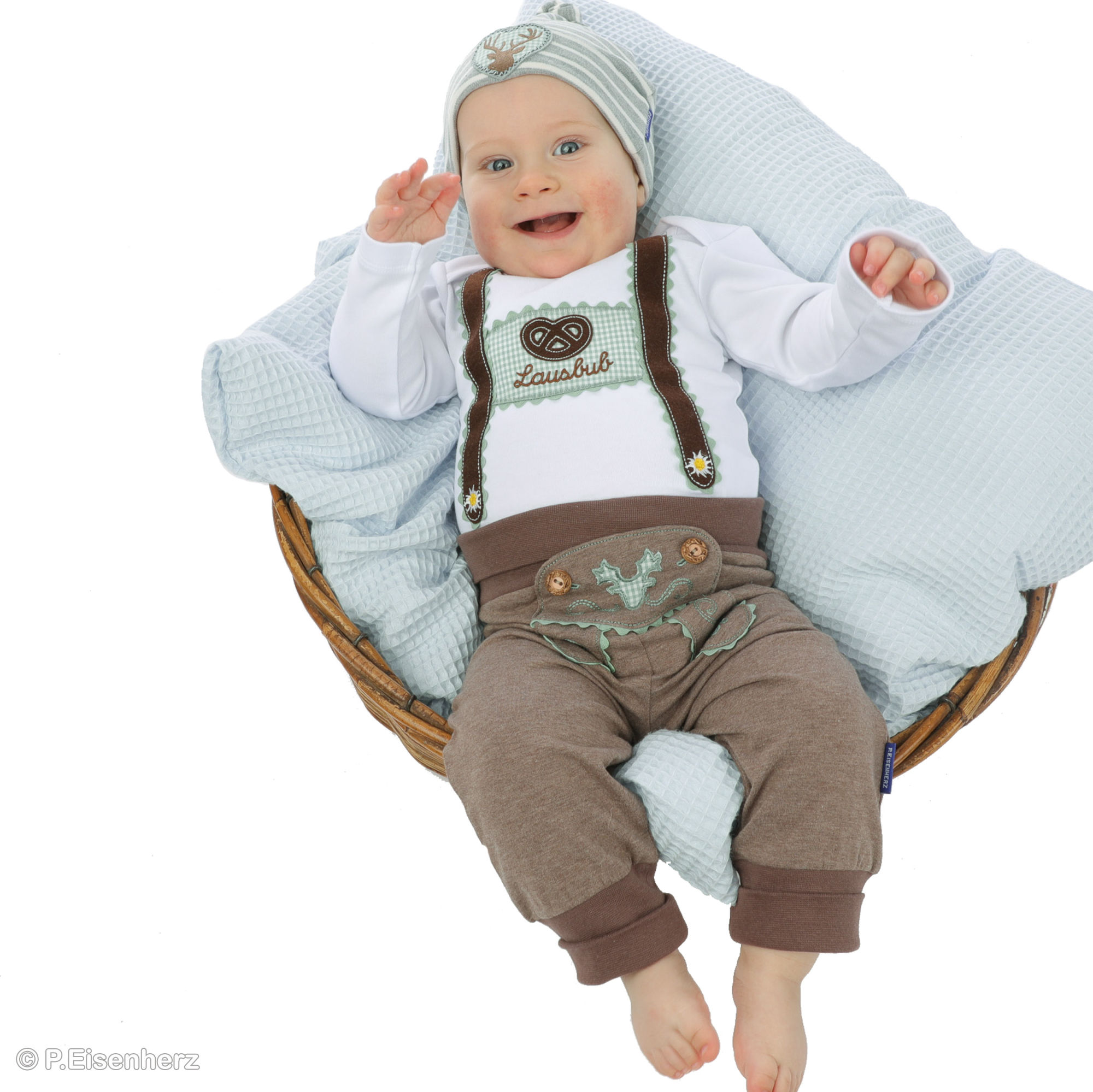 babymuetze-hirsch-grau-weiss-mit-gruen_2 P.Eisenherz Babymütze "Hirsch" grau/weiß mit grün