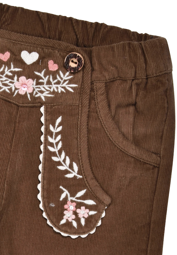 Bondi Cord Trachtenhose Braun in Lederhosen Look mit Rosa Stickerei 