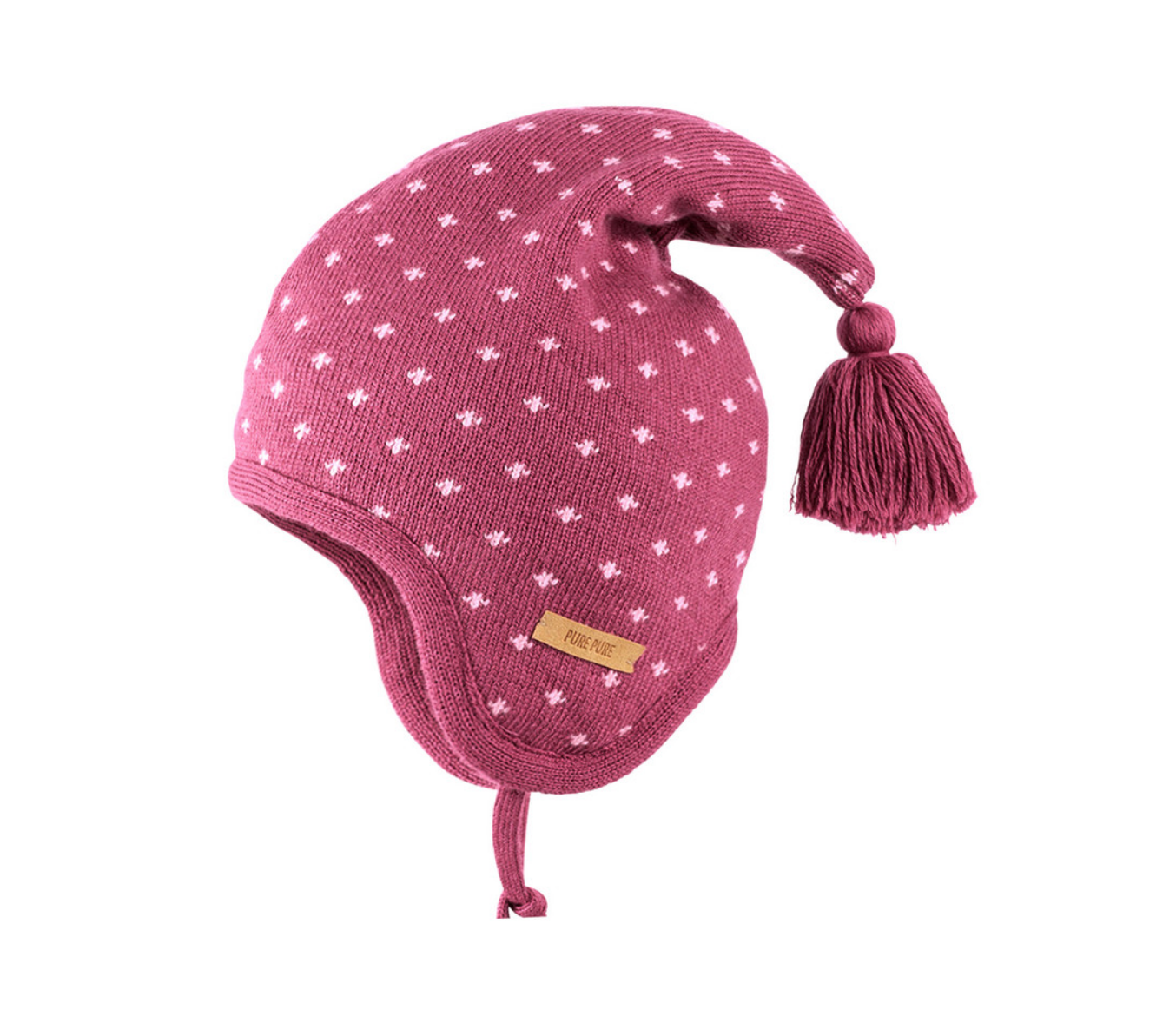 PURE PURE Baby Merinowolle/Seide Wintermütze mit Bommel in Beere - GOTS bio zertifiziert