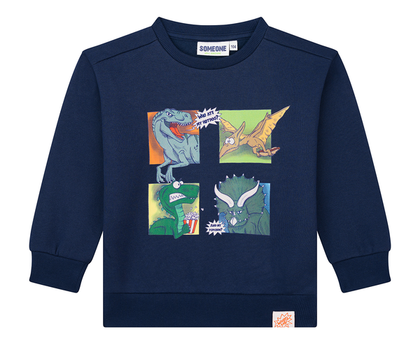 SOMEONE Sweatshirt für Kinder in Dunkelblau mit buntem Dinosaurier-Comic-Print SOMEONE Sweatshirt für Kinder in Dunkelblau mit buntem Dinosaurier-Comic-Print