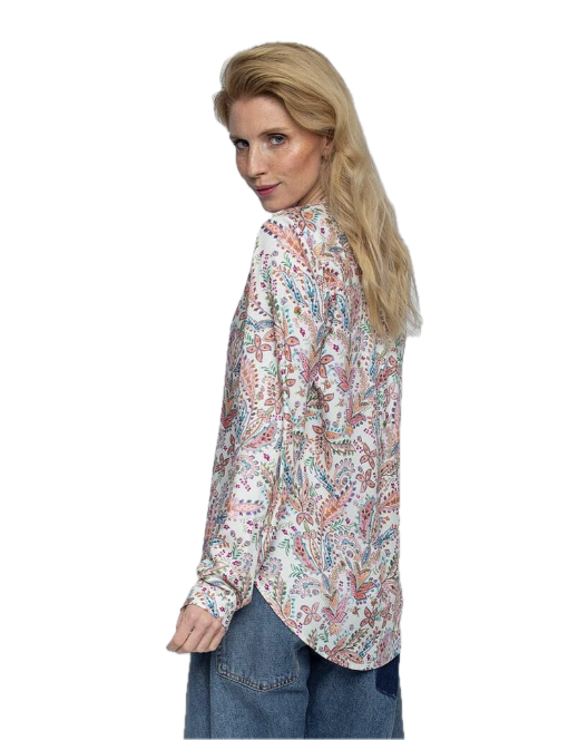 Emily van den Bergh Viskose Bluse mit V-Ausschnitt und Paisley Print mit Neon Pink Borte