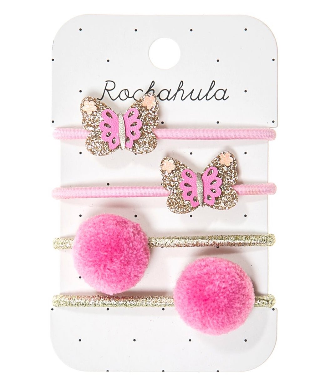 4a1812b9573c441d8eada12f9dddf041-r1g90x5r Rockahula Bright Butterflies Haargummi Set - 4 Stück - Pink Schmetterlinge und Pom Poms