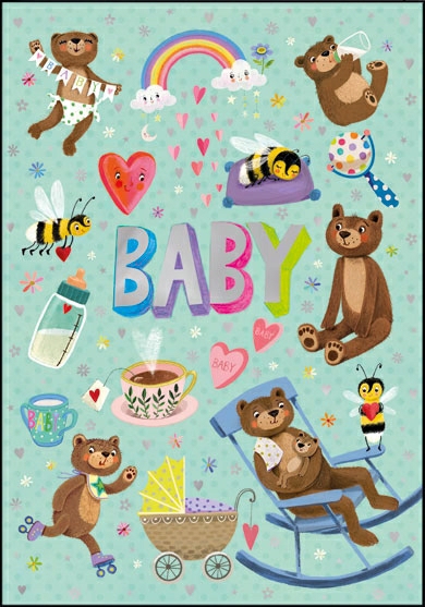 1-7692 Edition Gollong Grußkarte zur Geburt - Bären, Bienen & Regenbogen