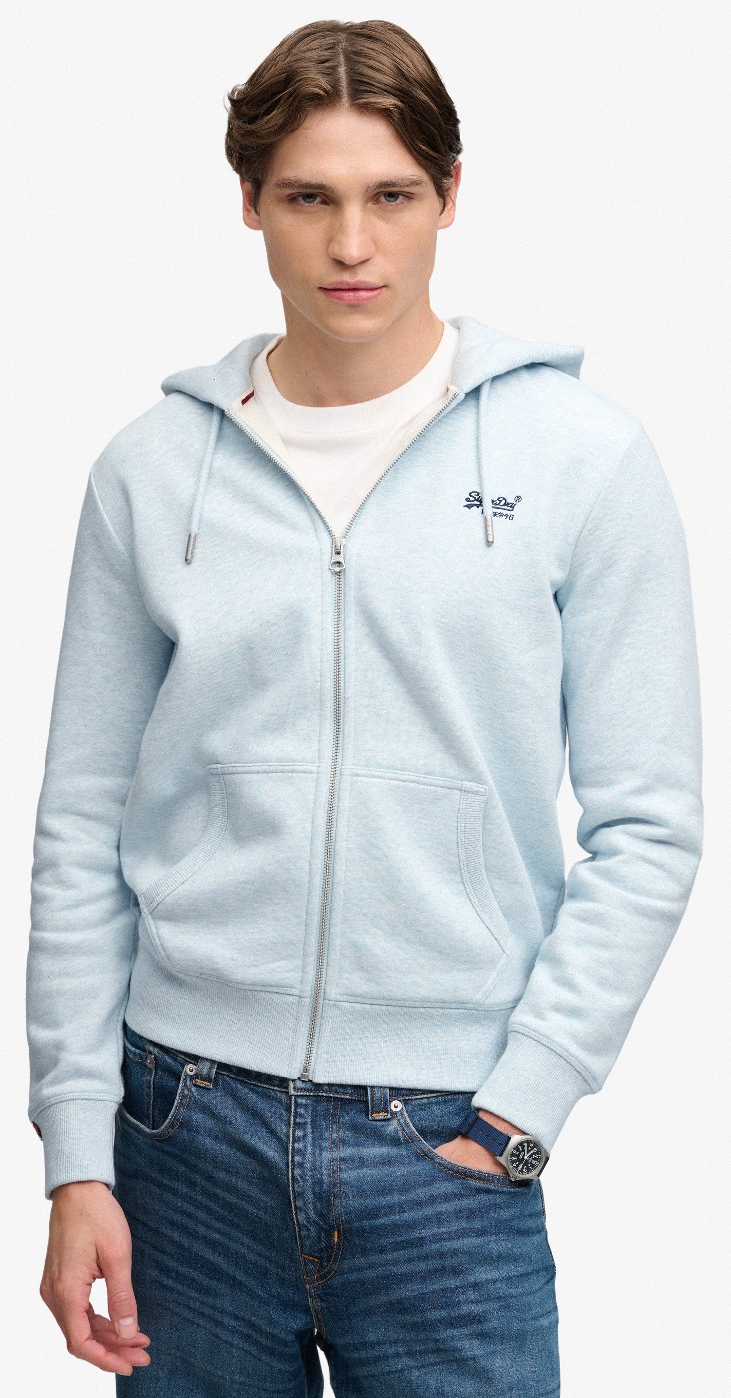 Superdry Herren Essential Logo Hoodie Kapuzenjacke in Hellblau Superdry Herren Essential Logo Hoodie Kapuzenjacke in Hellblau