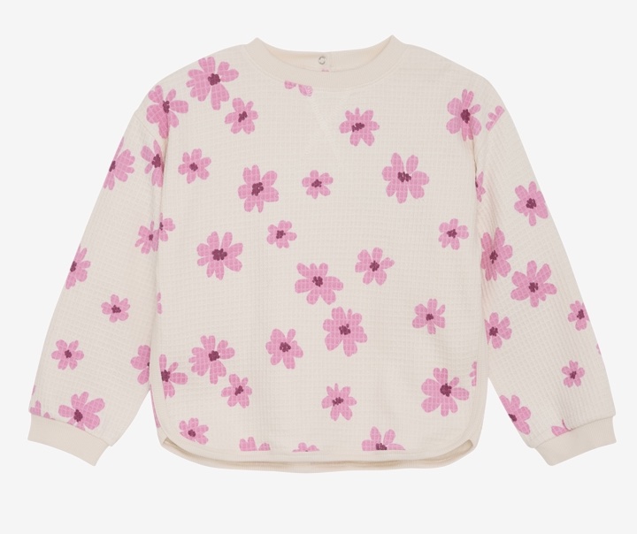 Minymo Sweatshirt Waffle Baumwolle in White Swan mit Pink Retro Blumen - SALE Minymo Sweatshirt Waffle Baumwolle in White Swan mit Pink Retro Blumen - SALE