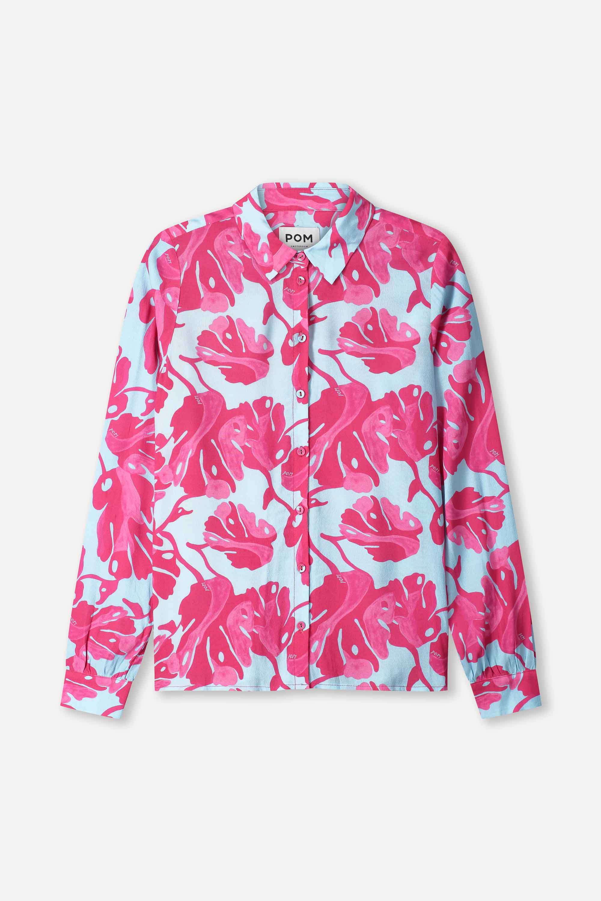 POM Amsterdam Bluse - Mila Urban Blätterprint Pink auf Hellblau