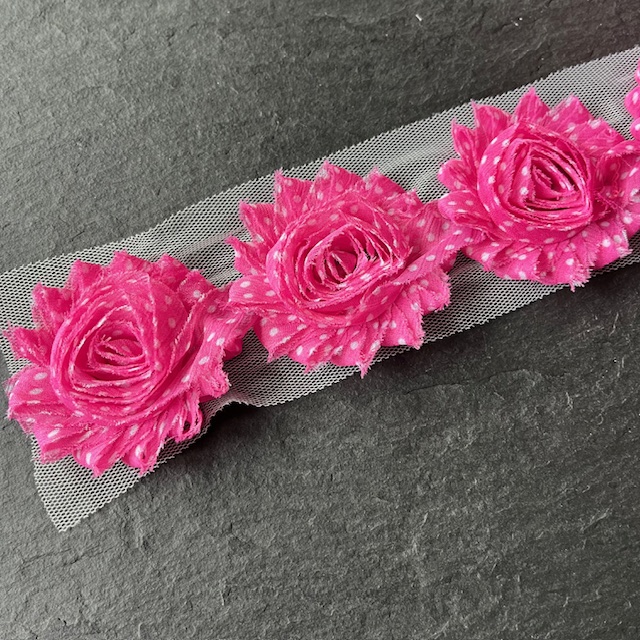 Wowzers Shabby Chic Stoffblume Blüte am Band - Pink Party Gepunktet - 3 Blumen 