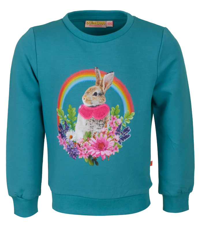 PERRINE-SG-16-D_OLD-DARK-AQUA_F-copy Someone Perrine Sweathshirt in Türkis Grün mit Hase & Regenbogen