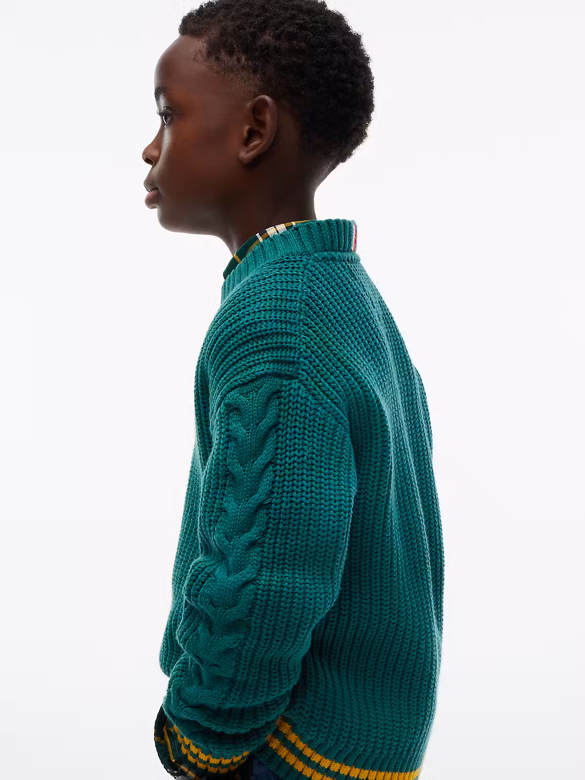 Tommy Hilfiger Placed Chunky Strick Pullover in Grün mit Gelben Ringel am Arm und Bund Tommy Hilfiger Placed Chunky Strick Pullover in Grün mit Gelben Ringel am Arm und Bund