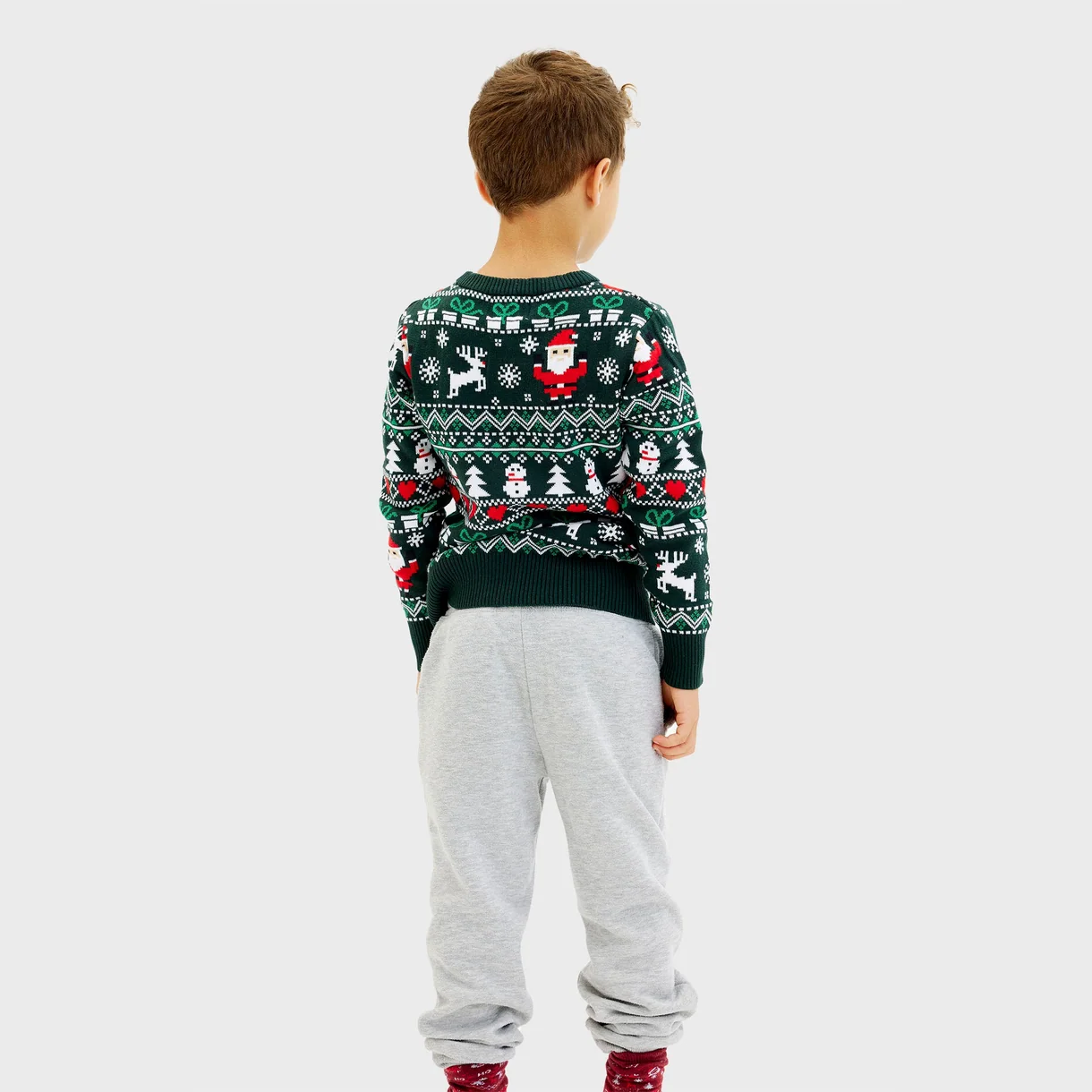 Christmas Sweater Unisex Jungs & Mädchen Stillvoller Weihnachtspullover in Grün mit Santa, Schneemänner & Rentier
