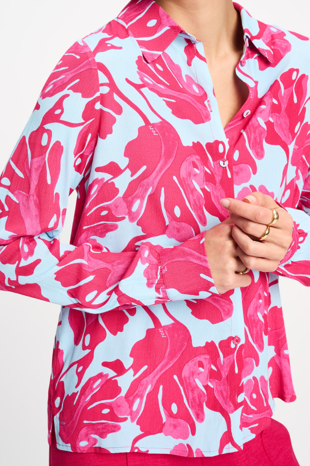 POM Amsterdam Bluse - Mila Urban Blätterprint Pink auf Hellblau