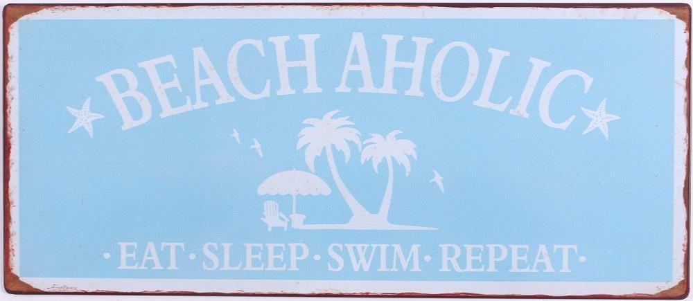 em6997Beachsigninblue-p Lafinesse Metal Schild - Beach Aholic