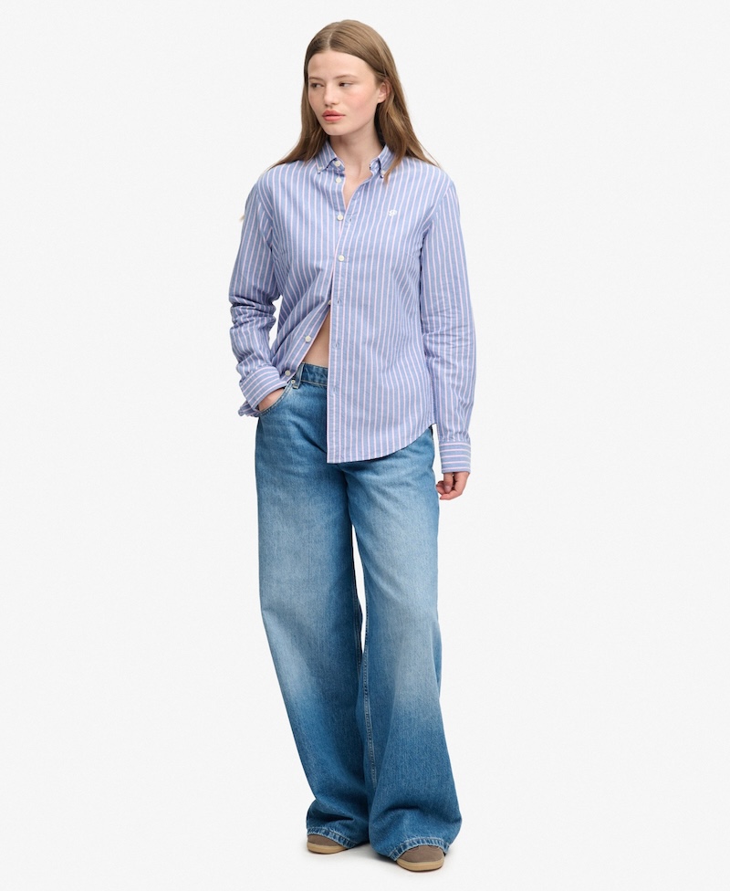 Superdry Oxford Langarmhemd mit schmaler Passform für Damen - Denim Blau mit Flieder Streifen Superdry Oxford Langarmhemd mit schmaler Passform für Damen - Denim Blau mit Flieder Streifen