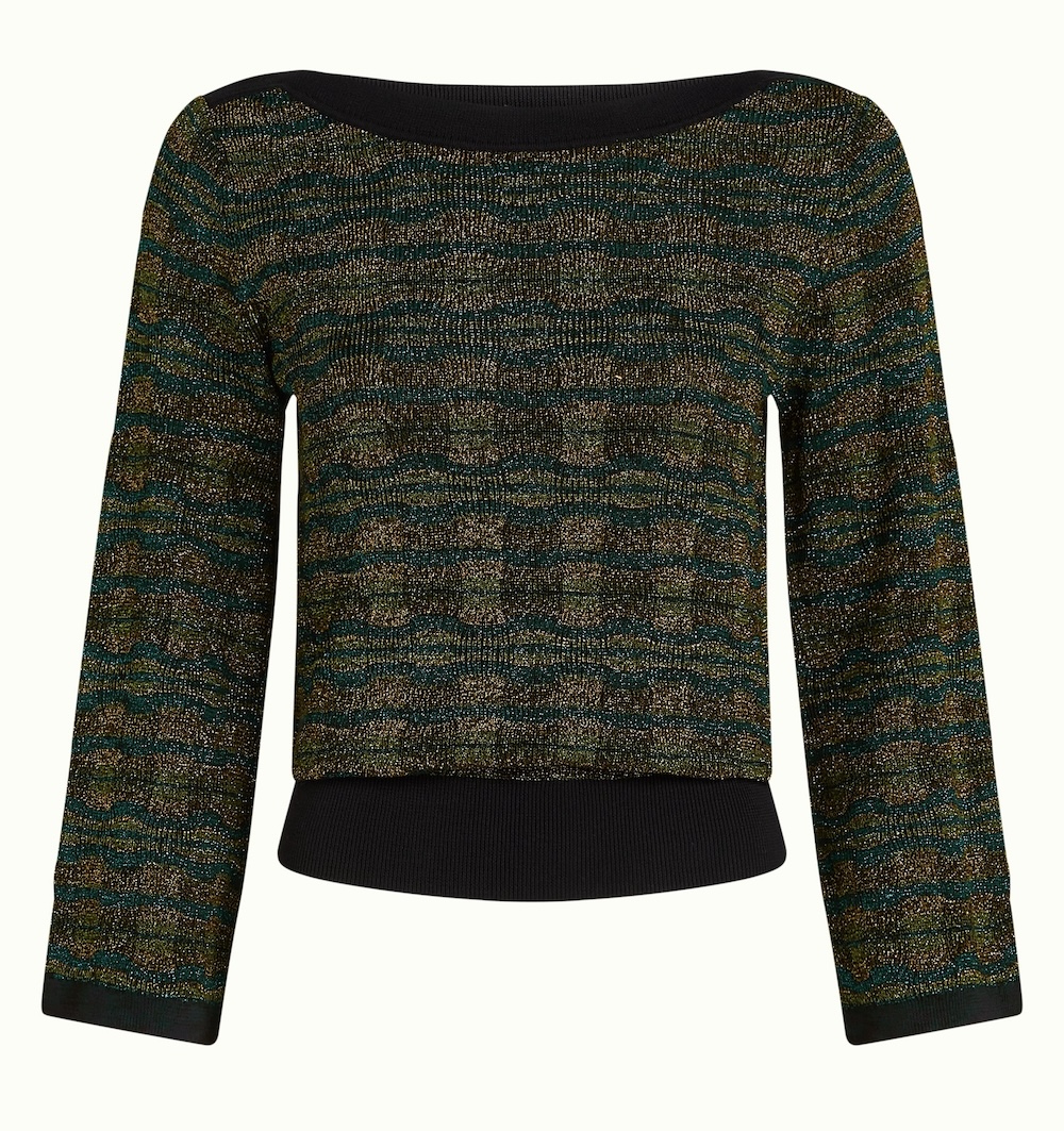 King Louie Audrey Trumpet Sleeve Apollo – Damen Stricktop mit Trompetenärmeln und geometrischem Muster King Louie Audrey Trumpet Sleeve Apollo – Damen Stricktop mit Trompetenärmeln und geometrischem Muster