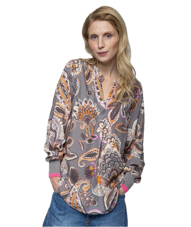 Emily van den Bergh Damen Shirtbluse aus Viskose mit Paisley-Blumenprint in Braun & Orange und Neonpink-Details