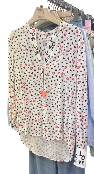 Emily van den Bergh Langarm Viskose Bluse Rote Herzen Allover - LOVE
