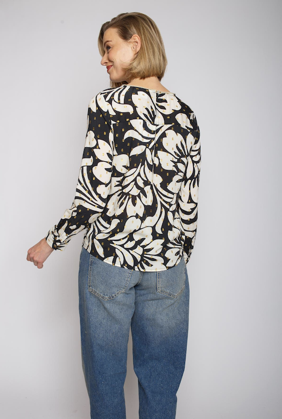 Emily van den Bergh Rundhals-Bluse - Schwarz/Weiß mit goldenen Punkten - SALE