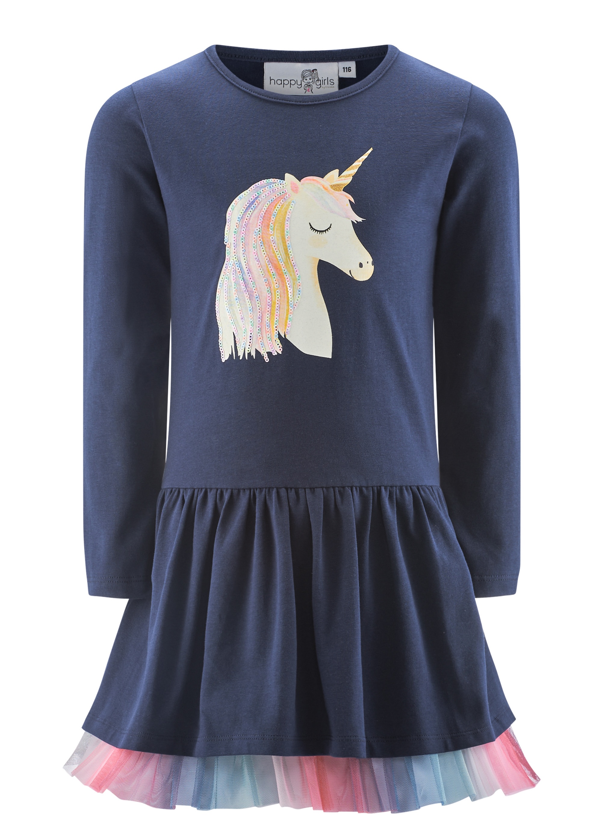 Happy Girls Jersey Kleid in Navy Blau mit bunten Tüllrock - Einhorn Happy Girls Jersey Kleid in Navy Blau mit bunten Tüllrock - Einhorn