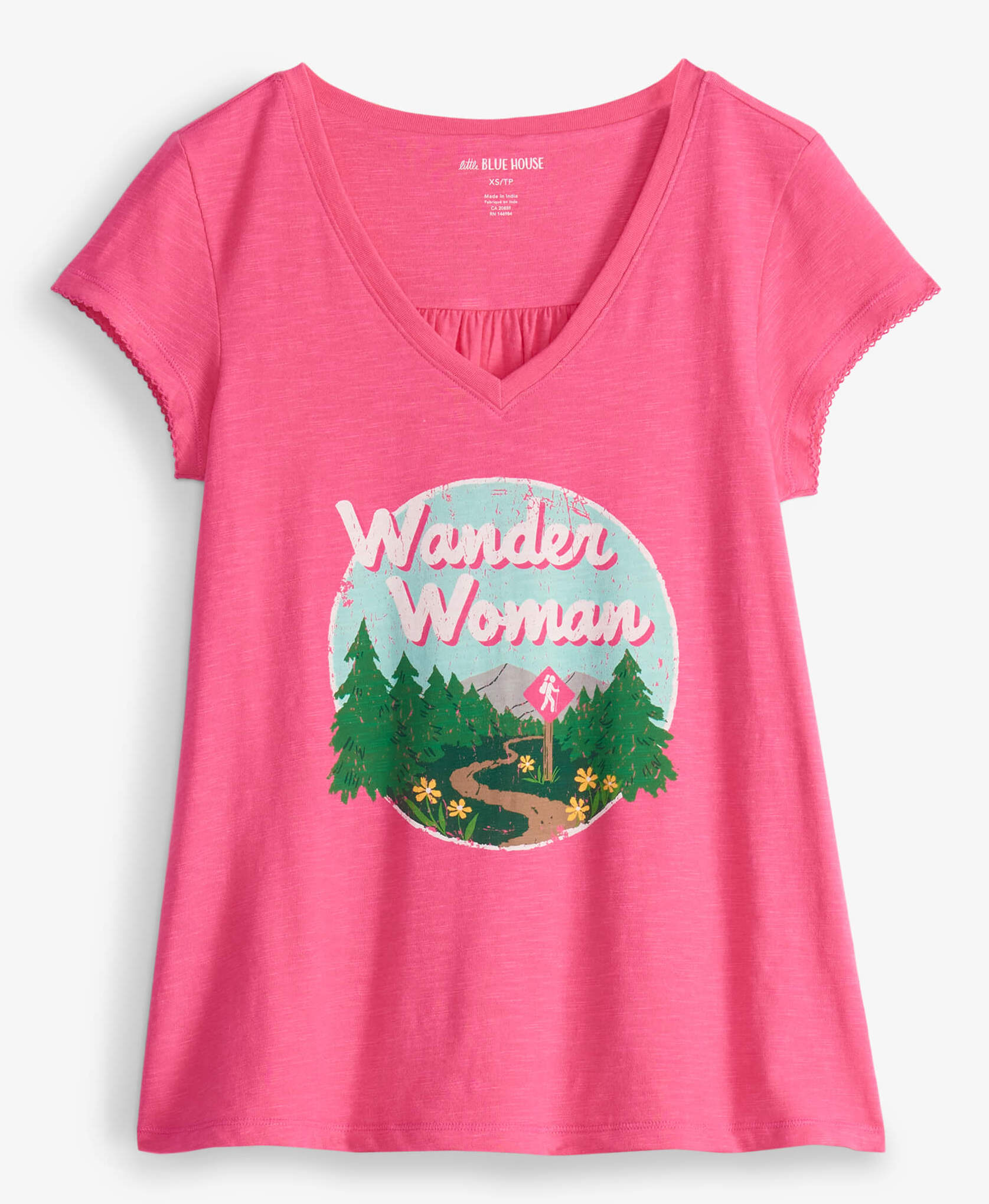 Little Blue House Kurzarm T-Shirt mit V-Ausschnitt in Pink - Wander Woman