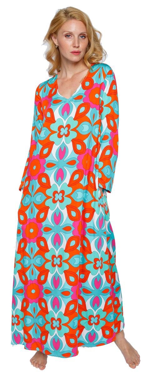 Emily van den Bergh Maxikleid mit Retro Blumen in Türkis Pink & Orange