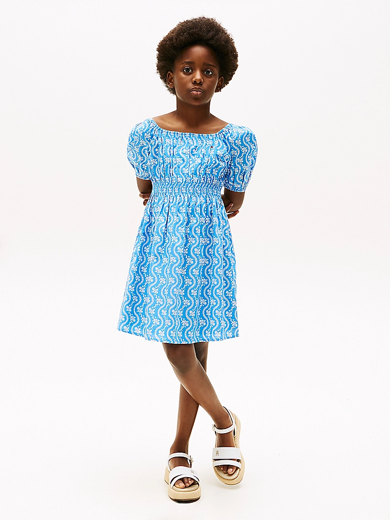 Tommy Hilfiger Gesmoktes Kleid mit Blumen-Print in Blau - SALE Tommy Hilfiger Gesmoktes Kleid mit Blumen-Print in Blau - SALE