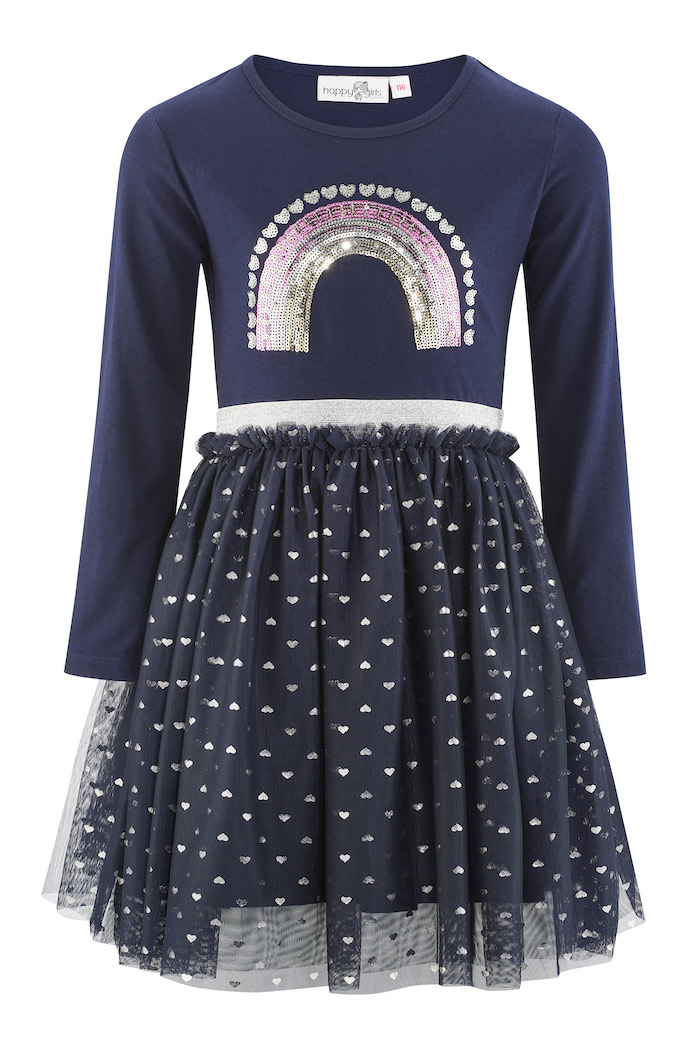 Happy Girls Kleid mit Tüllrock und Silber Metallic Herzen - Glitzer Regenbogen