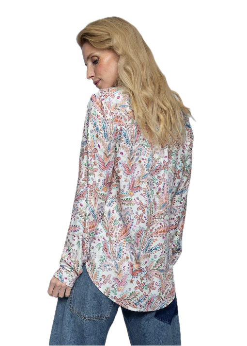 Emily van den Bergh Viskose Bluse mit V-Ausschnitt und Paisley Print mit Neon Pink Borte