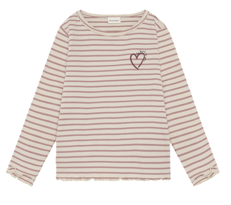 Minymo Langarm Rib T-Shirt Fawn Rosa Gestreift mit Herz Minymo Langarm Rib T-Shirt Fawn Rosa Gestreift mit Herz