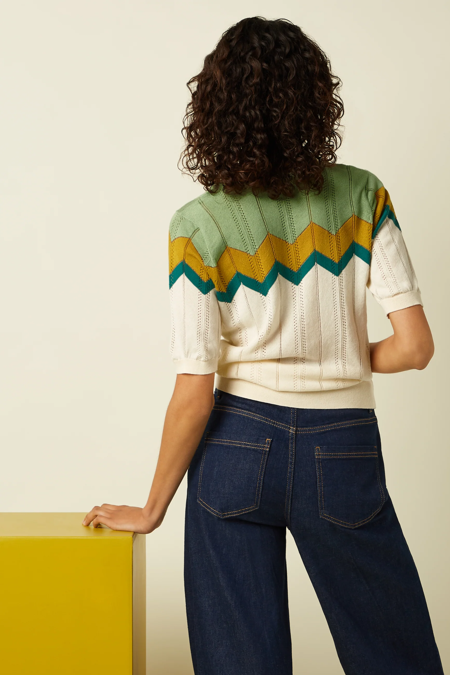 King Louie Agnes Strick Top Nova in Creme Grün Senf Chevron