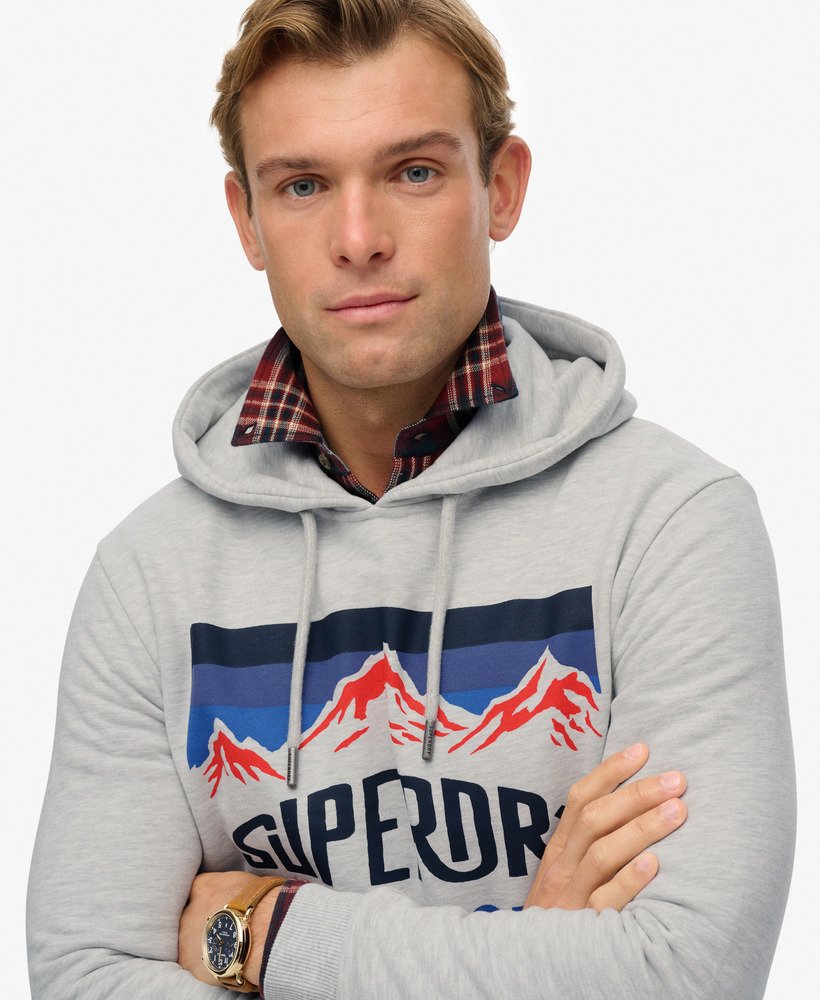 Superdry Herren Kapuzenpullover in Grau mit Bergen - Superdry Mountain Logo Superdry Herren Kapuzenpullover in Grau mit Bergen - Superdry Mountain Logo