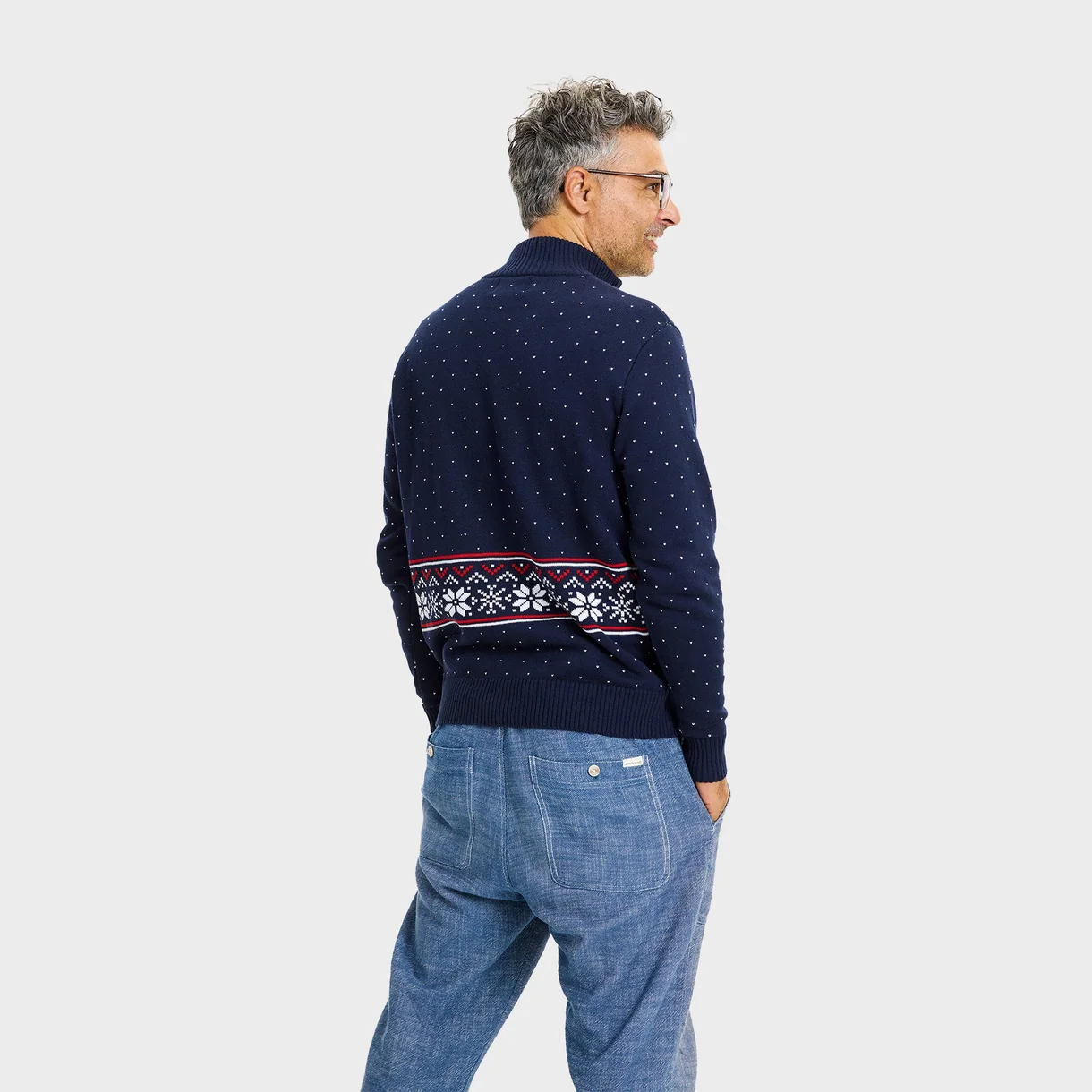 Weihnachtspullover Damen & Herren in Navy mit Rentier und Schneeflocken Half-Zip Henley – 100 % GOTS Bio-Baumwolle