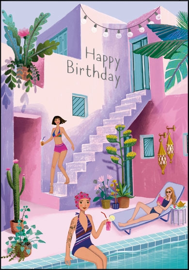 1-7253 Edition Gollong Grußkarte zum Geburtstag - Happy Birthday - Freundinnen am Pool