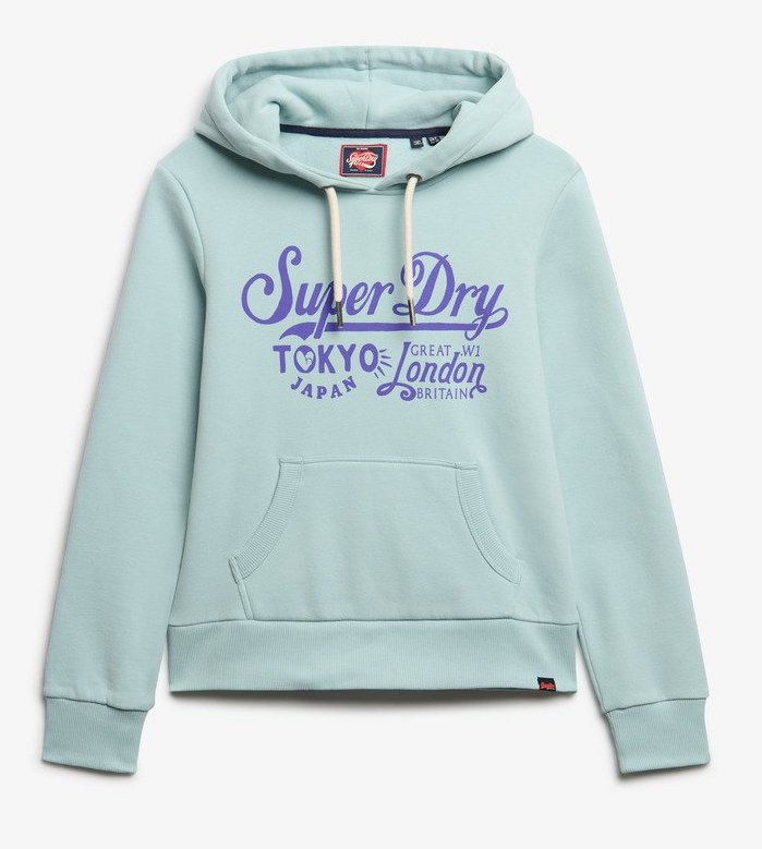 Superdry Damen Tokyo London Hoodie in Fresh Mint mit Lila Schrift 